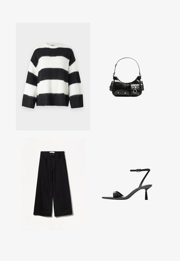 Gestreifter Pullover in Schwarz und Weiß mit lockerem Schnitt, rundem Halsausschnitt und langen Ärmeln; aus weichem, flauschigem Material gefertigt.; Bershka WIDE-LEG - Wide Leg - black; Bershka High Heel Sandalette - black; Schwarze Lackleder-Handtasche mit geschwungenem Design, einem Schulterriemen, Vordertaschen und silberfarbenen Hardware-Akzenten.