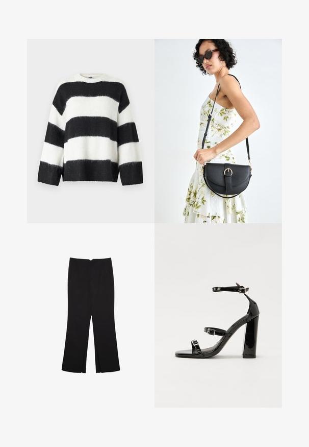 Gestreifter Pullover in Schwarz und Weiß mit lockerem Schnitt, rundem Halsausschnitt und langen Ärmeln; aus weichem, flauschigem Material gefertigt.; Schwarze Hose mit geradem Schnitt, ausgestattet mit Fronttaschen und Seitenschlitzen am Saum. Hergestellt aus weichem, glattem Stoff. Geeignet für verschiedene Anlässe.; Schwarze patentierte Sandalen mit Absatz, quadratischer Spitze, Knöchelriemen und silbernen Schnallen. Mit einem stabilen Blockabsatz für mehr Stabilität.; Schwarze Lederhandtasche mit geschwungener Form, abnehmbarem Tragegurt und goldenen Beschlägen. Die Tasche verfügt über einen Deckel mit einer Schnallen-Details.