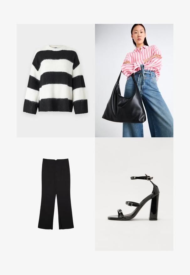 Gestreifter Pullover in Schwarz und Weiß mit lockerem Schnitt, rundem Halsausschnitt und langen Ärmeln; aus weichem, flauschigem Material gefertigt.; Schwarze Hose mit geradem Schnitt, ausgestattet mit Fronttaschen und Seitenschlitzen am Saum. Hergestellt aus weichem, glattem Stoff. Geeignet für verschiedene Anlässe.; Schwarze patentierte Sandalen mit Absatz, quadratischer Spitze, Knöchelriemen und silbernen Schnallen. Mit einem stabilen Blockabsatz für mehr Stabilität.; Schwarze Leder-Umhängetasche mit einer lässigen Form und Nahtdetails. Das Modell trägt ein pink-weiß gestreiftes Hemd zu weit geschnittenen blauen Jeans.