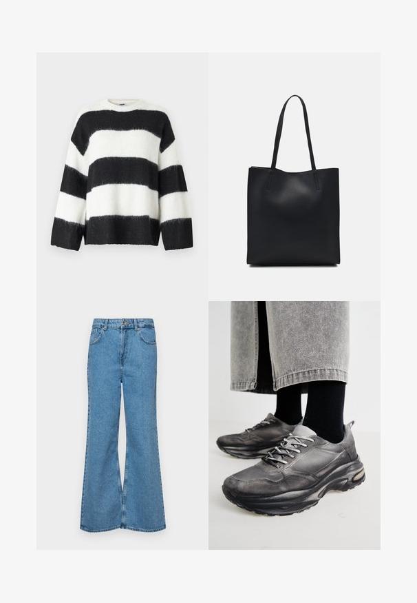 Črno-bela prugaasta pulover s prostim krojem, okroglim ovratnikom in dolgimi rokavi; narejen iz mehkega, puhastega materiala.; Svetlo modri razširjeni džins hlače iz denima, z visokim pasom, petimi žepi in enim gumbom za zapiranje. Mehka tekstura z blagim zbledelim videzom.; Črne in sive športne čevlje imajo mrežast zgornji del, debele podplate in vezalke. Imajo zaobljen nos in opazne podrobnosti oblazinjenja.; Črna usnjena torba s svilnato teksturo, pravokotne oblike in dvema dolgima ročajema. Brez vidnih metalnih delov ali okrasnih elementov.