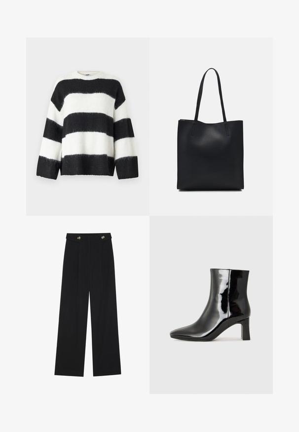Sweater listrado em preto e branco com um corte solto, decote redondo e mangas longas; feito de um material macio e felpudo.; Calças largas pretas com cintura alta, detalhes em botão na cintura e pregas frontais.; Botim de tornozelo em pele sintética preta com bico apontado e salto bloco de altura média. Textura suave e design minimalista.; Bolsa tote preta em couro com textura lisa, forma retangular e duas alças longas. Sem hardware ou enfeites visíveis.