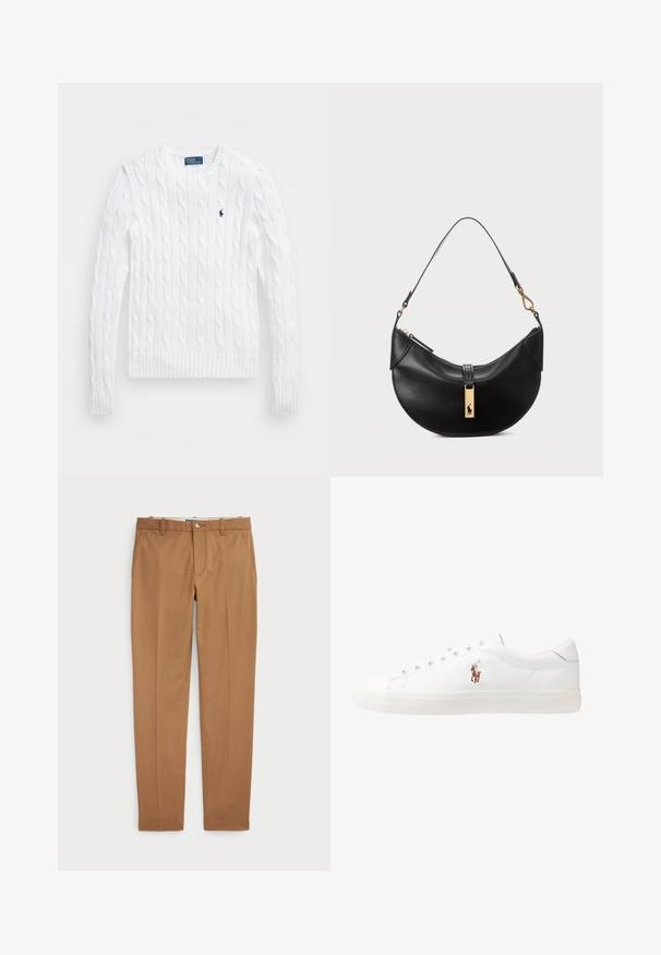 Valkoinen kabelineuletta oleva neulepaita, jossa on pyöreä kaula-aukko, ribbatut hihansuut ja helma, sekä rintataskussa pieni sininen logo yksityiskohtana.; Ruske puuvillapüksid kitsas lõikega, siledad ees ja tavalised taskud; sile tekstuur ja äärekasutusega varrukad.; Valkoiset nahkakengät, matala malli, jossa on sileä pinta, pyöreä kärki, nauhakiinnitys edessä ja pieni brodeerattu logo sivulla.; Musta nahkalaukku puolikuun muotoisena. Varustettu kultaisilla yksityiskohdilla ja kapealla hihnalla. Tasainen pinta, vetoketjukiinnitys ylhäällä.