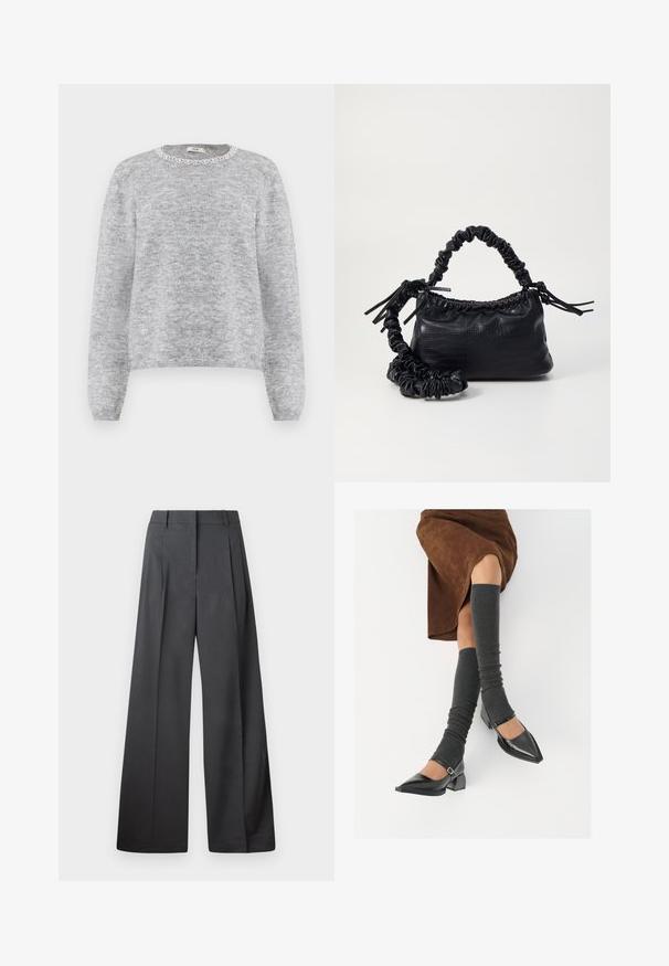 Γκρίζα πλεκτή ζακέτα με στρογγυλή λαιμόκοψη, διακοσμημένη με λευκή δαντέλα στην άκρη. Μακριά μανίκια, απαλό ύφασμα και άνετη εφαρμογή.; Φαρδιά παντελόνια από σκούρο γκρι ύφασμα, με ψηλή μέση, μονές πτυχές και λεία υφή με καθαρή τελείωση στις άκρες.; Μαύρες πατεν leather γόβες με αιχμηρή μύτη, τετράγωνη φτέρνα και λουράκι αστραγάλου, συνδυασμένες με γκρι ριγέ ζεστά ποδιές και καφέ σουέντ φούστα.; Μαύρη τσάντα από faux δέρμα με υφή κροκοδείλου, κλειστή στο επάνω μέρος και με ρυτιδωμένο λουρί. Φαίνεται μαλακή και συμπαγής στο σχέδιο.
