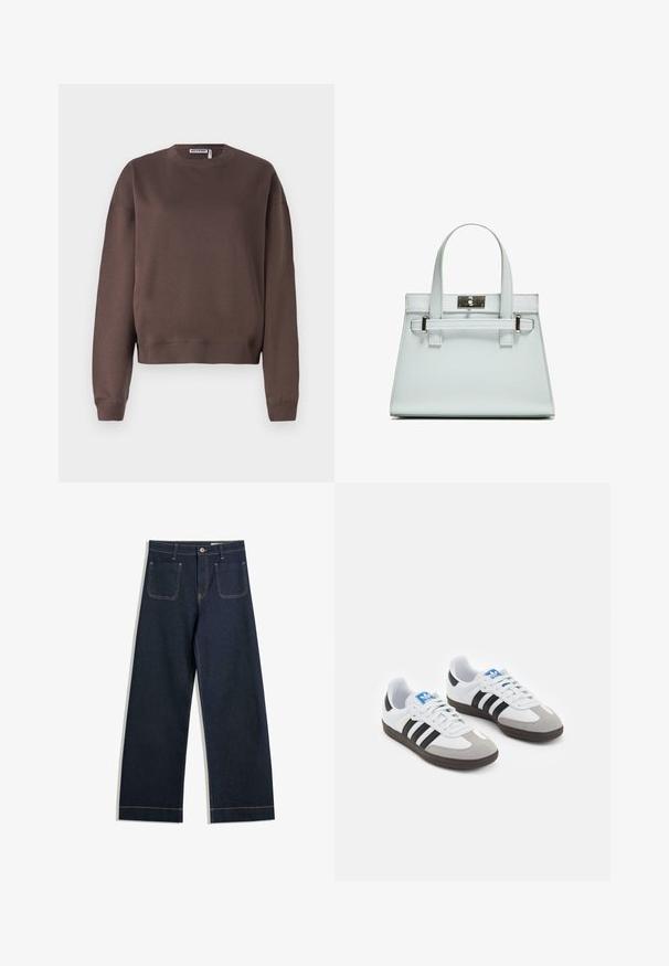 Barna pamut pulóver, kerek nyakkivágással, hosszú ujjakkal és bordázott mandzsettákkal. Sima tapintású és cropped fazonú a modern megjelenés érdekében.; Sötétkék, széles szárú farmernadrág, eltérő bézs varrással, két hátsó zsebbel és gombos záródással a deréknál.; Fehér bőr felsőrészes sportcipő, szürke velúrból készült orral és három fekete csíkkal. Jellemzője a kék logó a nyelvén és egy texturált gumitalp.; Világoskék kézitáska, strukturált kialakítással, két fogantyúval és ezüstszínű fémzárral. Texturált anyag és éles sarkok.