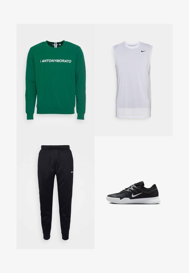 Antony Morato FIT IN STRETCH TERRY FABRIC WITH RUBBER - Camisola - flag green; Camisola atlética branca sem mangas, feita de material leve. Apresenta um decote redondo e um pequeno logotipo da Nike, em preto, na parte superior esquerda.; Calças de desporto Nike pretas com cintura elástica, pernas ajustadas e um discreto detalhe do logótipo. Feitas de um tecido suave com um design simples.; Sapatilha atlética preta com um cabedal texturizado, swoosh branco da Nike e uma sola de borracha branca. Apresenta um design com atacadores e uma forma dinâmica.
