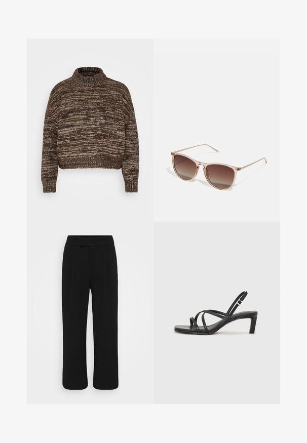 Vero Moda Petite VMDAIMA - Trui - chocolate torte/silver mink/gold; Zwarte wijde broek van een gladde stof, met een platte voorkant, riemlussen en geen zichtbare zakken. Strak, op maat gemaakt ontwerp.; Zwarte sandaal met bandjes, vierkante teen en een lage blokhak. Voorzien van meerdere dunne bandjes en een verstelbare enkelband. Gemaakt van zacht leer.; Bruine gradient zonnebril met een doorzichtig roze montuur, vierkante vorm en dunne metalen armen. Heeft afgeronde hoeken en minimale details.