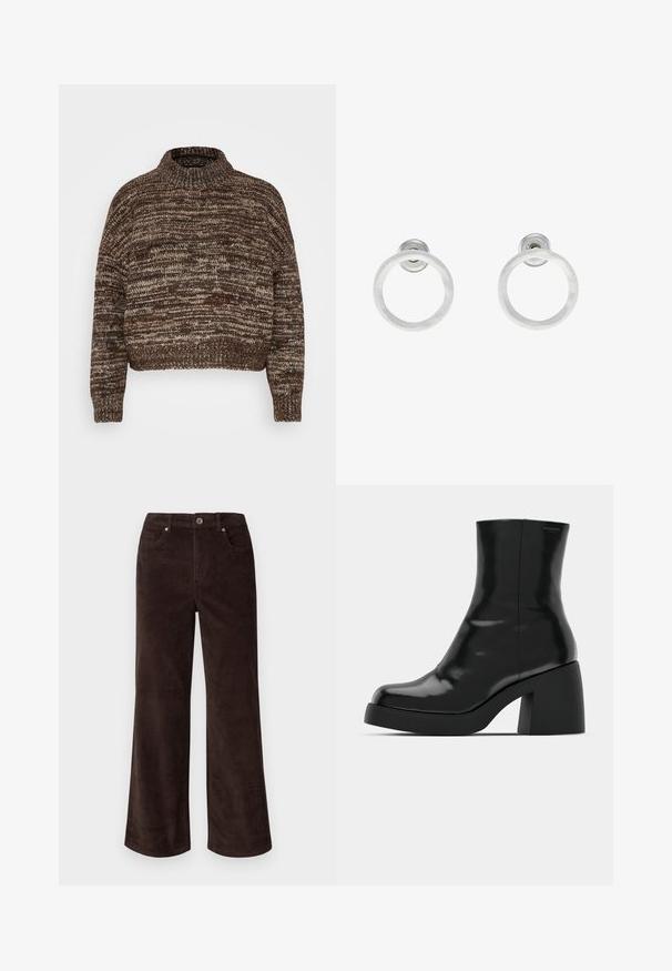 Vero Moda Petite VMDAIMA - Maglione - chocolate torte/silver mink/gold; Vero Moda Petite VMTESSA PANTS - Pantaloni - chocolate torte; Stivali neri alla caviglia con finitura lucida, punta quadrata e tacco a blocco spesso. Il design presenta una silhouette senza cuciture e un branding minimale.; Orecchini a cerchio in metallo argento con finitura spazzolata, caratterizzati da un design circolare e un gancio trasparente sul retro per una vestibilità sicura.
