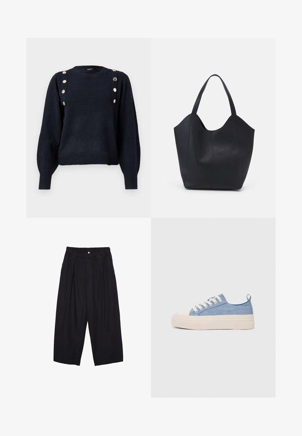 Mörk marinblå stickad tröja med rund halsringning, långa puffärmar och dekorativa guldknappar längs vänster axel. Ribbad nederkant.; Svarta polyester culottbyxor med elastisk midja, två framfickor och en lös silhuett. Inga synliga mönster eller hårdvarudetaljer.; Ljusblå canvas sneakers med en krämfärgad gummitå och yttersula, som har vita snören och en dragflik på hälen.; Svart tote-väska i slät läder, med en böjd, öppen topp, två axelremmar och en minimalistisk design.