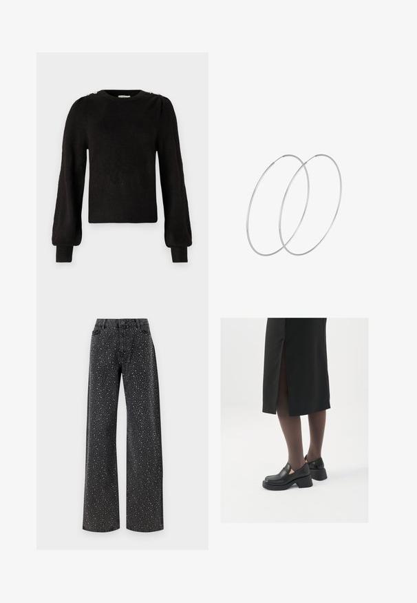 JDY JDYELANORA O NECK BUTTON - Džemper - black; Noisy May NMJANNEL LOOSE - Avar lõikega teksad - black denim; Mustad mustad jalatsid ümmarguse varbaga, paksu plokkniidi ja elastsete külgdetailidega, kombineeritud tumedate sukkade ja musta lõhikuga seelikuga.; Hõbedased rõngastikkaehingad minimalistlikus disainis. Ümar kuju, sile tekstuur ja õhuke profiil. Kerged ning poleeritud viimistlusega.