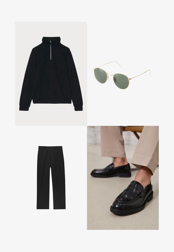 GCDS ESSENTIALS HALF ZIP - Felpa - black; Pantaloni neri con un design a gamba dritta, realizzati in un tessuto liscio. Presentano pieghe frontali e una chiusura a un bottone in vita.; Mocassini in pelle nera con finitura liscia, dotati di una cintura decorativa e cuciture a contrasto, abbinati a pantaloni beige.; Occhiali da sole con montatura metallica dorata, lenti verdi, forma rotonda, aste sottili e dettagli in plastica bianca sulle punte delle aste.