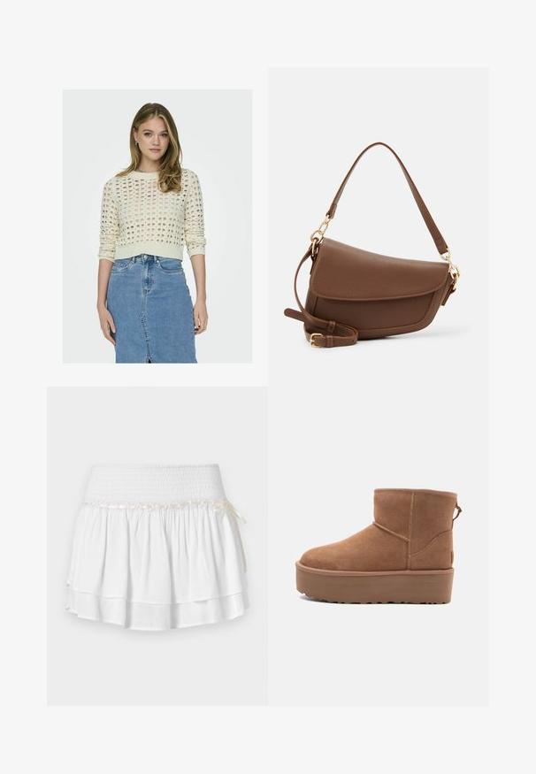 Krém színű kötött pulóver, ejtett szem mintával, kerek nyakkivágással és hosszú ujjakkal, amit egy világoskék farmer szoknyával viselnek, amely elöl hasítékkal rendelkezik.; Fehér, réteges szoknya rugalmas derékpánttal, texturált smokk részlettel és dekoratív szalaggal. Pamut anyag.; Barna suede bokacsizma platform talppal, lekerekített orral és varrás részletekkel; a hátsó részen húzófül található a könnyű felhúzás érdekében.; Barna bőr válltáska texturált felülettel, ívelt formával, aranyszínű fémrészekkel, állítható pánttal és fedélzárral.