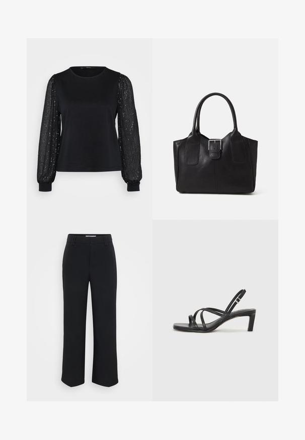 Haut noir avec un corps en tissu doux et de longues manches transparentes ornées de sequins pour une texture et une brillance. Encolure ronde et poignets ajustés.; Pantalon large noir avec une texture lisse, doté d'une taille plate et de poches latérales, conçu avec une esthétique minimaliste.; Sandale noire à lanières avec un bout carré et un petit talon bloc. Elle présente plusieurs fines lanières et une sangle de cheville ajustable. Fabriquée en cuir lisse.; Sac fourre-tout en cuir noir avec une texture lisse, une forme structurée, deux poignées et un détail en boucle argentée proéminent à l'avant.; Bague en argent à double bande avec une surface lisse et polie. Présente un design fluide et courbé avec des sections qui se chevauchent pour un look moderne.