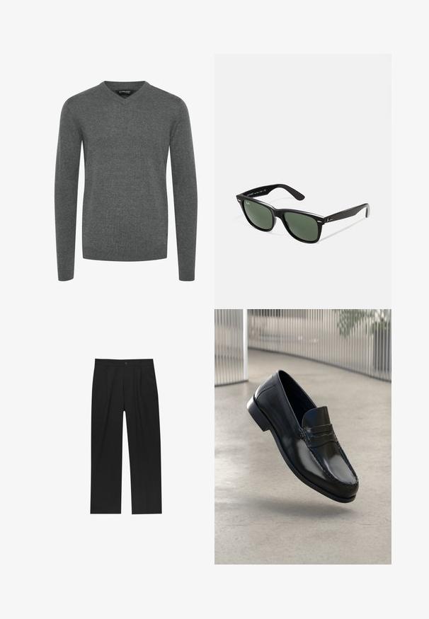 Grå V-hals sweater med lange ærmer, lavet af et glat strikstof. Har ribbede manchetter og kant, minimalistisk design, ingen mønstre eller udsmykninger.; Hvid langærmet skjorte med knapper lavet af glat stof. Har en klassisk krave, frontknapper og manchetter med en enkelt knap. Slim fit design.; Sorte bukser med lige ben, lavet af et glat stof. Har frontfolder og en enkelt knaplukning i taljen.; Sorte læder loafers med en glat finish, rundet tå, dekorative syninger og en let forhøjet ydersål.; Sorte plastiksolkaber med grønne linser, firkantede stel, sølvaccent på brynene og teksturerede templede arme. Angivet mærke på den indre arm.