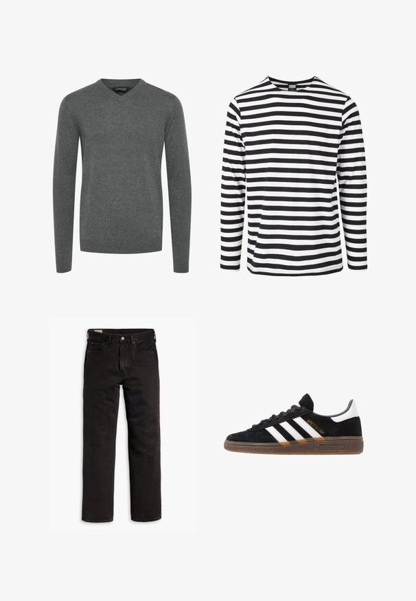 Gray V-neck sweater with long sleeves, made of a smooth knit fabric. Features ribbed cuffs and hem, minimalist design, no patterns or embellishments.; Black and white long-sleeve striped shirt with a crew neckline, made from soft fabric, featuring horizontal stripes of equal width.; Black straight-leg denim jeans with five pockets, button closure, and belt loops, laid flat on a white background.; Black Adidas sneaker with white stripes, gold "Spezial" text, gum sole, and white heel tab, shown in profile view.