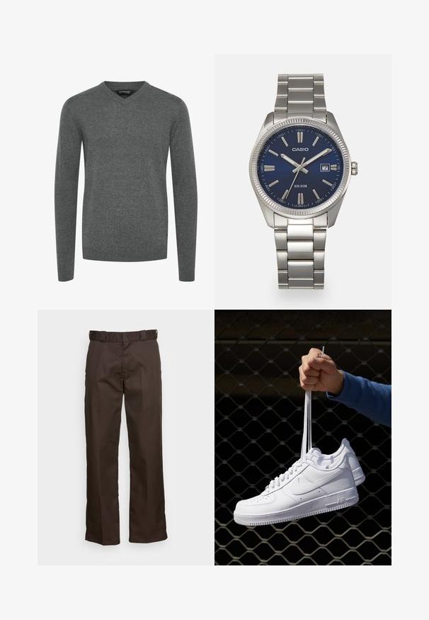 Gray V-neck sweater with long sleeves, made of a smooth knit fabric. Features ribbed cuffs and hem, minimalist design, no patterns or embellishments.; Brown trousers with a straight-leg cut, featuring a flat front, belt loops, and a smooth texture. Simple design without patterns or accents.; White leather sneakers with perforations, round toe, flat sole, and thick laces, featuring a visible swoosh logo and "AIR" on the heel.; Silver stainless steel wristwatch with a navy blue dial, metallic hour markers, and a date window at 3 o'clock. Water-resistant to 50 meters.