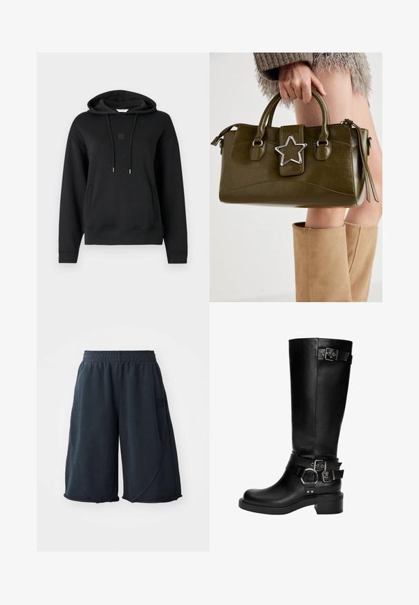 Čierna mikina s kapucňou vyrobená z mäkkej tkaniny, so prednou kapsou, šnúrkami a nenápadným logom vyšitým na hrudi.; Čierne športové šortky vyrobené z jemného materiálu, s elastickým pásom a logom na strane. Hladká textúra s voľným strihom.; Čierne kožené vysoké čižmy sú s okrúhlym prstom, s blokovým podpätkom a viacerými dekoratívnymi remienkami s striebornými prackami a akcentmi.; Olive zelená kabelka z faux kože s striebornou hviezdou, dvojitými uchami a zipsovým uzáverom. Textúrovaný povrch a štruktúrovaný tvar.