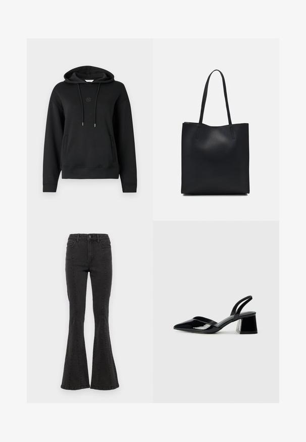 Čierna mikina s kapucňou vyrobená z mäkkej tkaniny, so prednou kapsou, šnúrkami a nenápadným logom vyšitým na hrudi.; Čierne denimové rozšírené džínsy s vysokým pásom, obsahujúce bočné švy a čistý okraj na leme. Látka má hladkú textúru s miernym elastickým efektom.; Čierne lakované kožené sandálové podpätky s špicatou špičkou a geometrickým blokovým podpätkom. Disponujú elegantným, minimalistickým dizajnom a hladkým povrchom.; Čierna kožená taška na rameno s hladkým povrchom, obdĺžnikovým tvarom a dvoma dlhými uchami. Bez viditeľného kovania alebo ozdôb.