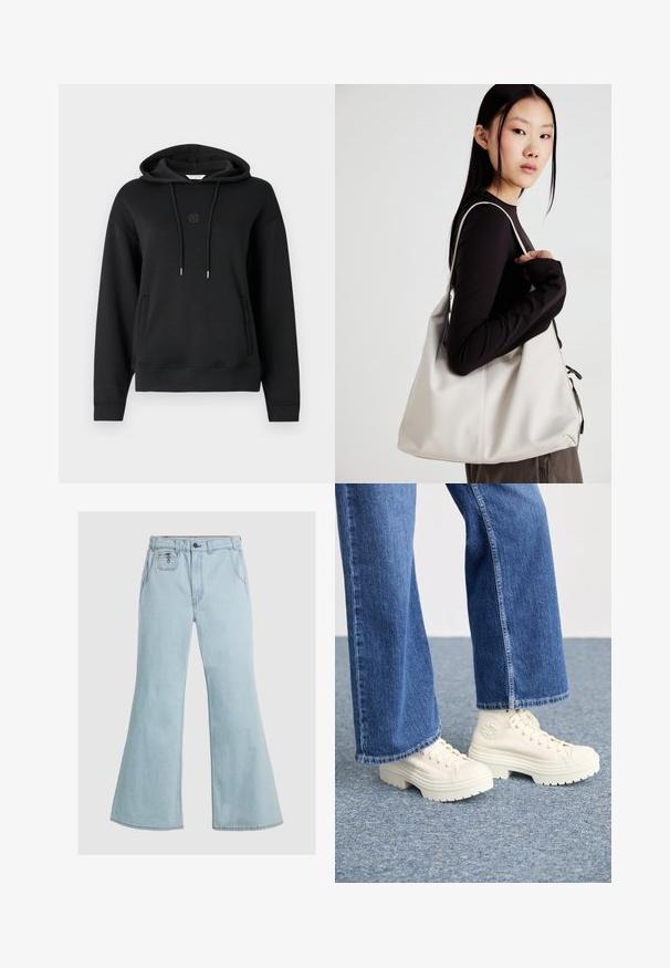 Fekete kapucnis pulóver, puha anyagból készült, elülső zsebbel, húzózsinórral és diszkrét logóval hímzett a mellrészen.; Világoskék, harangszárú farmerek, melyek denim anyagból készültek, magas derékkal, gombos záródással és elülső zsebekkel rendelkeznek. Simaság jellemzi, minimalista varrás részletekkel.; Fehér magas szárú sportcipők vastag, bordás talppal és kör alakú logó részlettel, világoskék, bőszárú farmernadrággal viselve.; Puha anyagból készült bézs kézitáska, laza dizájnnal, varrott részletekkel és két vállpánttal. Mindennapi használatra alkalmas.