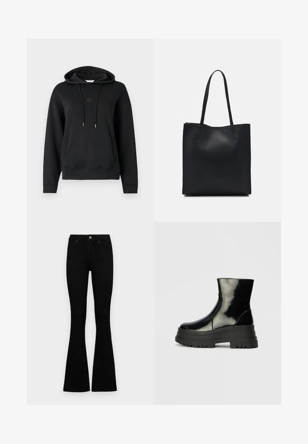 Juodas gobtuvinis džemperis, pagamintas iš minkštos medžiagos, su priekinėmis kišenėmis, raišteliais ir subtiliu logotipu, išsiuvinėtu krūtinėje.; Juodos aukšto liemens džinsai su mygtuku ir užtrauktuku, priekinėmis kišenėmis ir platėjančiomis kojomis, išdėstyti ant baltos fono.; Juodas blizgus kulkšninis botas su storu iškilniu padu ir apvaliu pirštu, šoninis vaizdas ant vientiso šviesiai pilko fono.; Juodas odinis tote krepšys su lygia tekstūra, stačiakampio formos ir dviem ilgais rankenomis. Matomų metalinių detalių ar puošybos nėra.