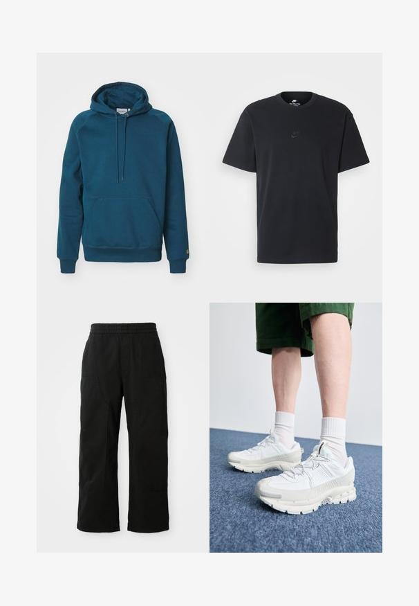 Carhartt WIP HOODED CHASE - Sudadera - duck blue/gold; Camiseta negra de algodón de Nike con un clásico cuello redondo, mangas cortas y un sutil logo en relieve en el pecho. Textura suave.; Pantalones de algodón negros con una cinturilla elástica, diseño de pierna ancha y grandes bolsillos laterales. La tela parece suave con una textura lisa.; Zapatillas deportivas blancas con superposiciones texturizadas, una suela gruesa y acentos grises. Llevadas con calcetines blancos hasta la pantorrilla y pantalones cortos verdes sobre una superficie azul.