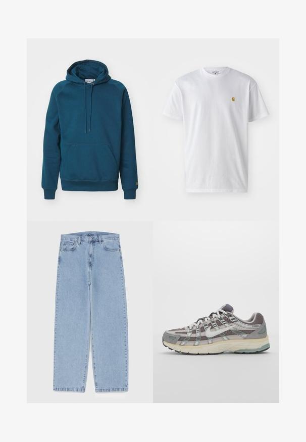 Carhartt WIP HOODED CHASE - Mikina - duck blue/gold; Bílé bavlněné tričko s krátkým rukávem a kulatým výstřihem, s malým zlatým logem na levé straně hrudi. Měkká textura a klasický střih.; Světle modré džíny s rovnými nohavicemi, středním pasem, pěti kapsami a zapínáním na knoflík a zip.; Šedá sportovní obuv s vrchní částí z mikrovlákna a semiše, bílými akcenty, polstrovanou podrážkou a jedinečným designem s reflexními prvky.