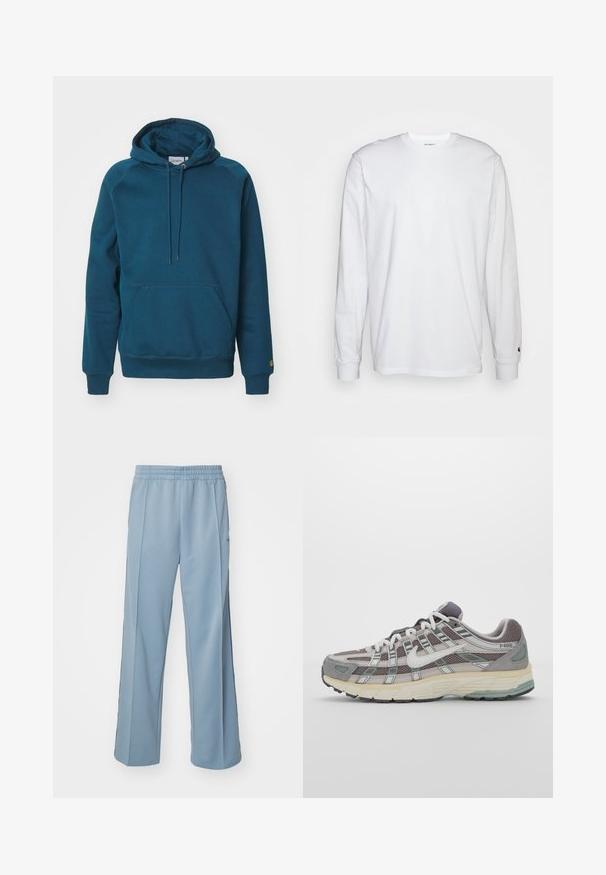 Carhartt WIP HOODED CHASE - Collegepaita - duck blue/gold; Valkoinen pitkähihainen t-paita, joka on valmistettu puuvillasta. Pyöreä kaula-aukko, jossa on resorikujat ja pieni logo vasemmassa hihassa. Tasainen pinta.; Carhartt WIP BOLAN PANT - Verryttelyhousut - dusty ice/positano; Harmaa urheilukenkä, jossa on verkko- ja mokkanahkainen yläosa, valkoiset yksityiskohdat, pehmustettu pohja ja erottuva muotoilu heijastavilla elementeillä.