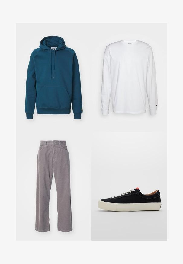 Carhartt WIP HOODED CHASE - Hoodie - duck blue/gold; White long-sleeved T-shirt made of cotton. Crew neck design with ribbed cuffs and a small logo on the left sleeve. Smooth texture.; Gray corduroy pants with a wide-leg design, featuring vertical ribbing, a button closure, and two front pockets.; Black fabric sneaker with white laces, beige rubber sole, and red accent at the heel. Rounded toe and minimal stitching detail.