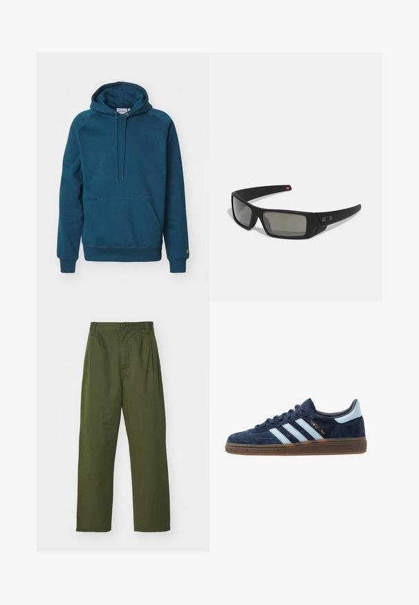 Carhartt WIP HOODED CHASE - Športni pulover - duck blue/gold; Olivno zelene hlače z visokim pasom in ravnim krojem. Narejene iz lahkotnega materiala, z sprednjimi gubami in gumbnim zapiranjem.; Mornarsko modri velur Adidas športni copati z svetlo modrimi črtami, gumijastim podplatom, svetlo modrim petnim jezičkom in zlatim oznako "Spezial" na strani.; Crne sončne naočale s mat površinom, pravokutne leće, blagi luk na sljepilima, diskretna oznaka i leće sa dimnim nijansama.