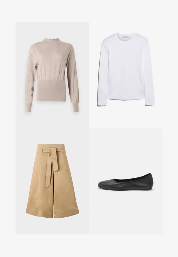 Beige ribbestrikket topp med høy hals, lange ermer og rynket midje. Jevn tekstur med vertikale striper og tettsittende silhuett.; Langermet hvit T-skjorte laget av ribbet bomull, med rund halslinning og rett kant. Enkel design uten mønstre eller aksenter.; Kaki midi omslagskjørt med bånd i midjen, laget av lett bomull, med en utpreget silhuett og synlige sømdetaljer.; Svart skinnballettflatt med rund tå, glatt tekstur, minimal sømdetalj, og et fleksibelt såledesign.