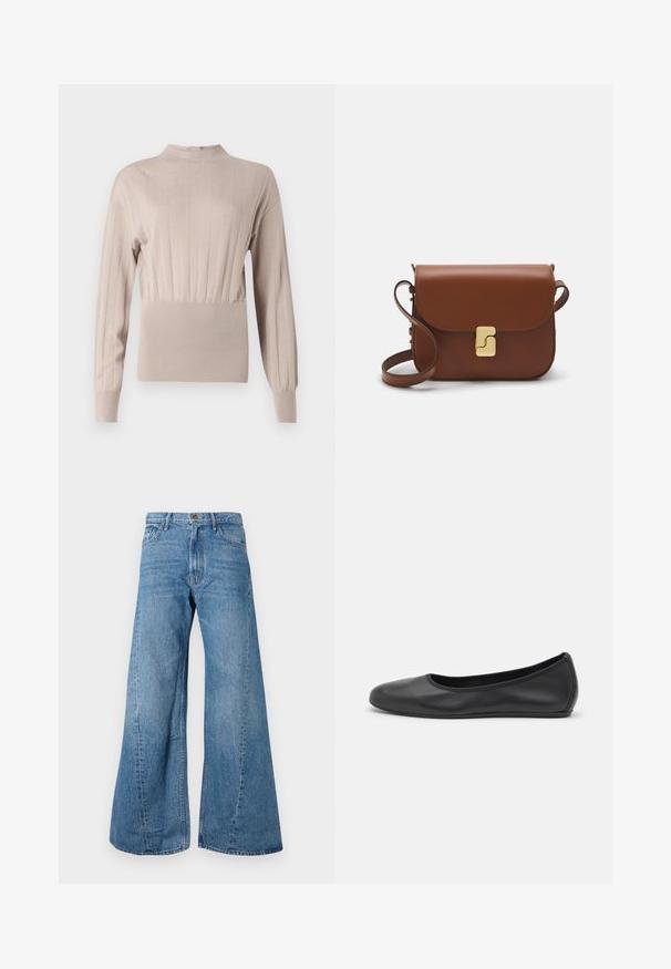 Beige ribbed knit top with a high neck, long sleeves, and gathered waist. Smooth texture with vertical stripes and fitted silhouette.; Wide-leg blue denim jeans with a high waist, featuring classic five-pocket styling and slight fading for texture.; Black leather ballet flat with a rounded toe, smooth texture, minimal stitching detail, and a flexible sole design.; Brown leather handbag with a flap closure, gold-tone hardware, a shoulder strap, and a smooth texture. Compact rectangular shape.