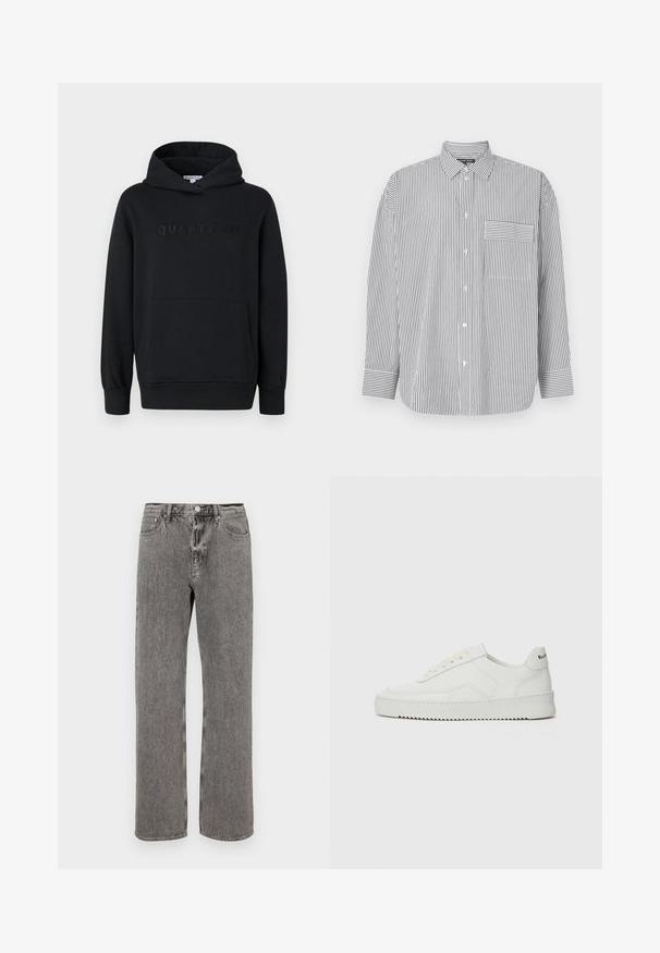 Svart hettegenser, myk stoff, pullover-design, frontlomme i kenguru-stil, preget "QUARTZ CO"-logo på brystet, ribbede mansjetter og nederkant.; Stripete skjorte med knapper i svart og hvitt, med lange ermer, klassisk krage og en brystlomme med horisontale striper.; Grå denimjeans med rette ben, fem lommer og knappelukking i midjen. Subtilt slitte detaljer gjennom hele.; Hvite lærersneakers med en jevn overflate, rund tå, flate lisser og en teksturert såle. Har en subtil logo på hælen.