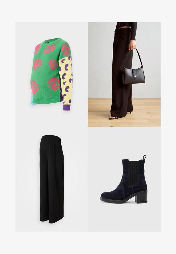 Πλεκτό πουλόβερ με πράσινο σώμα με ροζ λουλούδια, κίτρινο μανίκι με μοβ λεοπάρ στίγματα και ριμπ τελείωμα.; Vero Moda Maternity VMMBECKY SUPER WIDE PANTS - Παντελόνι - black; Ναυτικό μπλε σουέντ μποτάκι αστραγάλου με ελαστική πλαϊνή επένδυση, στρογγυλή μύτη και τετράγωνη φτέρνα. Η υφή του υφάσματος και η λεία σόλα προσθέτουν αντίθεση.; Μαύρη τσάντα χειρός με δομημένο σχήμα, λεία υφή και μεταλλικό κούμπωμα. Συνδυασμένη με φαρδιά μαύρα παντελόνια και σανδάλια ανοιχτής μύτης πάνω σε ξύλινο πάτωμα.