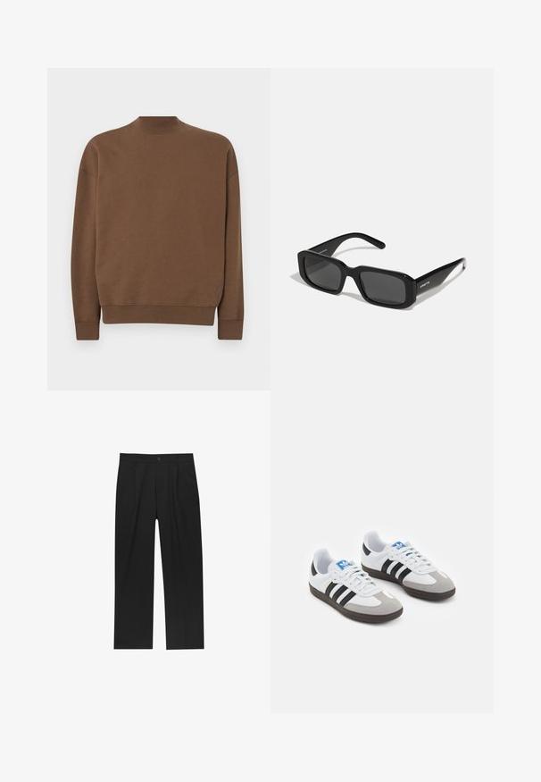 Hnedá mikina vyrobená z mäkkého materiálu. Má vysoký krk, dlhé rukávy a voľný strih. Diskrétny detail loga pri lemovaní.; Čierne nohavice s rovnými nohavicami, vyrobené z hladkej tkaniny. Majú predné puky a jediné gombíkové zapínanie v páse.; Športové topánky s bielym koženým zvrškom, šedou semišovou špičkou a tromi čiernymi pruhmi. Obsahujú modré logo na jazyku a štruktúrovanú gumovú podrážku.; Arnette THEKIDD UNISEX - Slnečné okuliare - black