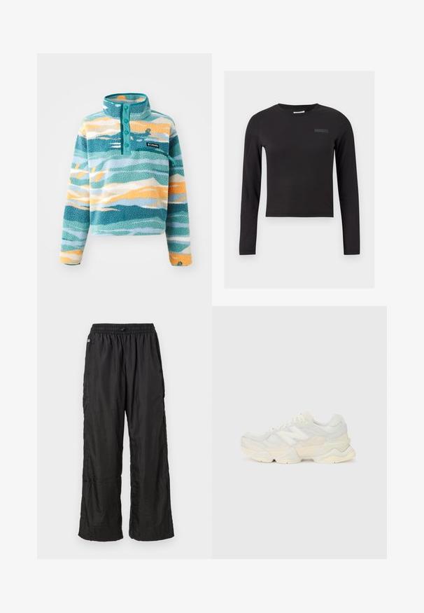 Pulôver de fleece com colarinho alto, apresentando padrões de ondas azuis, verdes e laranjas. Inclui quatro botões verde-azulados e um bolso no peito.; Crop top preto de manga longa feito de tecido elástico, com um decote redondo e um pequeno logotipo impresso no peito.; Calças de treino leves em nylon preto, com cintura elástica e corte reto solto, exibidas contra um fundo branco liso.; Sapatilha leve com um upper em malha e camurça em tons suaves de creme, com uma sola robusta e acentos tridimensionais.