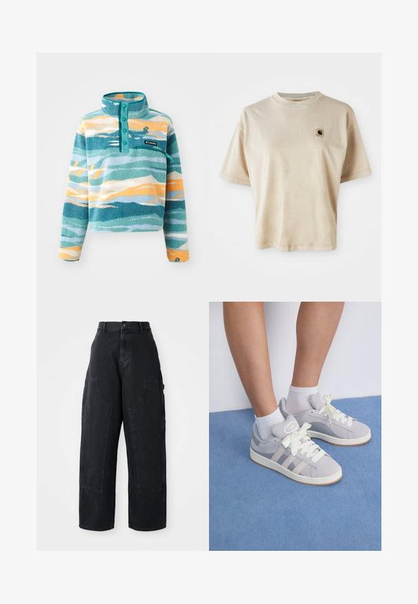 Pullover in pile con colletto alto, caratterizzato da motivi ondulati blu, verdi e arancioni. Include quattro bottoni turchesi e una tasca sul petto.; T-shirt in cotone beige con vestibilità comoda, scollo rotondo, maniche corte e un piccolo logo quadrato sulla parte sinistra del petto.; Pantaloni cargo in denim nero a gamba larga con vita alta, due grandi tasche frontali e chiusura con bottone in vita. Texture liscia, design casual.; Sneaker in suede grigio con lacci bianchi e suola in gomma, dotate di tre strisce diagonali sul lato e un'etichetta con logo sulla linguetta.