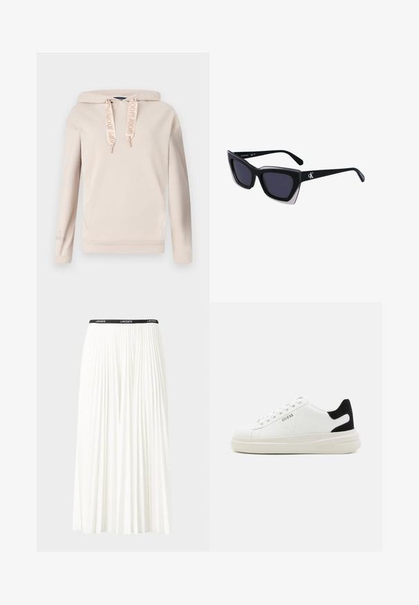 Felpa con cappuccio beige dotata di coulisse, con dettagli dorati, maniche lunghe e un sottile logo sulla manica. Tessuto morbido.; Gonna bianca plissettata con elastico nero in vita che presenta il logo "LACOSTE". Design di lunghezza media con texture morbida.; Sneaker bianchi in pelle con suola spessa bianca, accento in suede nero sul tallone e logo impresso sul lato. Design con lacci e sei fori per i lacci.; Occhiali da sole oversize neri dalla forma geometrica, con lenti scure e un dettaglio grigio a contrasto sulla montatura. Logo sul braccio.