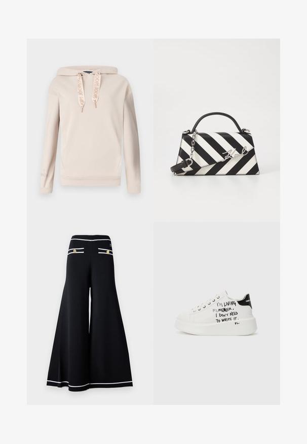 Μπεζ φούτερ με κουκούλα και κορδόνι, με χρυσές λεπτομέρειες, μακριά μανίκια και διακριτική λογότυπη λεπτομέρεια στο μανίκι. Απαλή υφή υφάσματος.; Μαύρα παντελόνια σε φαρδιά γραμμή με λευκές λωρίδες, που διαθέτουν χρυσά κουμπιά στις πίσω τσέπες και έναν λείο, υφασματένιο φινίρισμα.; Λευκά αθλητικά παπούτσια με μαύρες λεπτομέρειες, διαθέτουν υφασμάτινη σόλα και γραπτό κείμενο στα πλάγια. Απαλή δερμάτινη ύλη.; Μαύρη και λευκή ριγέ τσάντα χειρός με δομημένο σχήμα, που διαθέτει επάνω λαβή, αποσπώμενη αλυσίδα και μεταλλικό λογότυπο.
