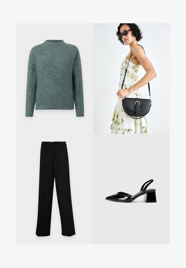 Green ribbed knit sweater with a high neckline and long sleeves. Soft texture, relaxed fit, and subtle variations in shade throughout.; Black wide-leg trousers made of smooth fabric, featuring a classic waistband with a button closure and front pleats.; Black patent leather slingback heels with a pointed toe and a geometric block heel. Features a sleek, minimal design and smooth texture.; Black leather handbag with a curved shape, detachable strap, and gold hardware. The bag features a flap with a buckle detail.