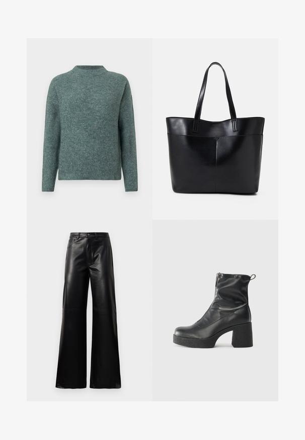 Grön ribbad stickad tröja med hög halsringning och långa ärmar. Mjuk textur, avslappnad passform och subtila nyansskillnader över hela tröjan.; Svarta högmidjade vida byxor i konstläder med framknapp, dragkedjestängning, bältesöglor och sidofickor på vit bakgrund.; Svarta ankelstövlar i slitstark läder, med sidodragkedja, kraftig strukturerad klack och rundad tådesign.; Svart läder tote-väska med två långa handtag, en slät yta och en strukturerad form. Har en framficka för extra förvaring.