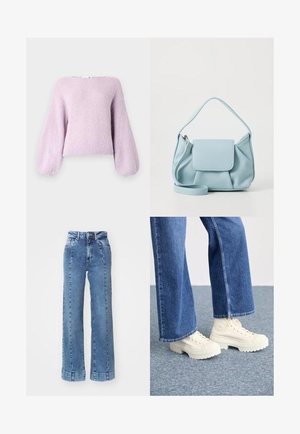 Pulover tricotat de culoare violet deschis, cu croială lejeră, mâneci bufante late și tiv ribbat. Textură moale și decolteu rotunjit.; Jeans din denim albastru deschis, cu picior larg și talie înaltă, având buzunare frontale și detalii cusute. Funda este ruloyată și coasă.; Adidași albi cu glezna înaltă, cu talpă groasă și nervurată, și detalii cu logo circular, purtați cu blugi din denim deschis la culoare, cu croială largă.; Geantă din piele bleu deschis cu mânere de sus, buzunar frontal cu clapetă și curea detașabilă pentru încheietura mâinii, pe un fundal alb.
