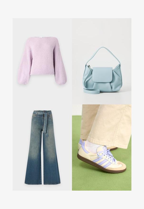 Lys lilla strikket genser med løs passform, brede pufferm og ribbestrikket kant. Myk tekstur og rund halslinning.; Bredde ben jeans med en lyseblå til mørkeblå gradient, høyt liv, beltehemper og et matchende belte i samme stoff. Teksturert denimoverflate.; Kremfargede og lavendelfargede joggesko med tre striper og en teksturert brun såle, med lisser og en polstret hæl. Mykt stofføvre.; Lys blå lærveske med topphåndtak, frontlomme med klaff og avtagbar håndleddsstropp på hvit bakgrunn.