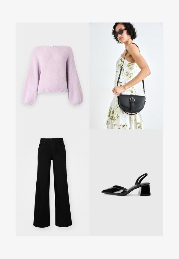 Light purple knitted sweater with a loose fit, wide puff sleeves, and a ribbed hem. Soft texture and a rounded neckline.; Black wide-leg pants made of denim, featuring a structured waistband, belt loops, and front pockets. Smooth texture with a classic design.; Black patent leather slingback heels with a pointed toe and a geometric block heel. Features a sleek, minimal design and smooth texture.; Black leather handbag with a curved shape, detachable strap, and gold hardware. The bag features a flap with a buckle detail.