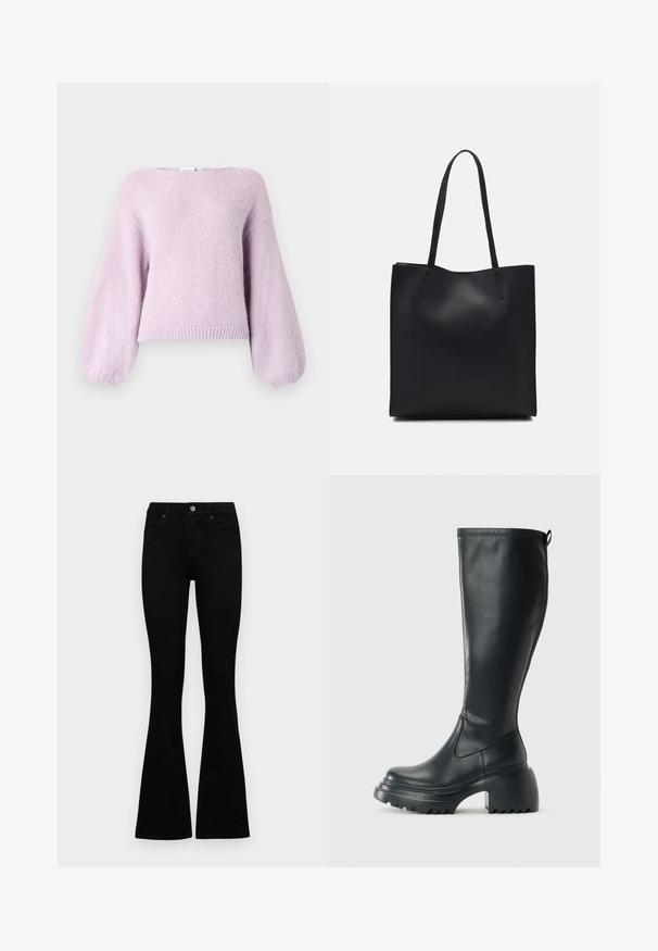 Világos lila kötött pulóver laza fazonnal, széles puffos ujjakkal és bordás aljjal. Puha tulajdonságokkal és lekerekített nyakkivágással rendelkezik.; Fekete, magas derekú farmernadrág gomb- és cipzárzárral, elülső zsebekkel és harangszárral, laposan egy fehér háttérre terítve.; Magas fekete bőrcipő, vastag platform talppal és blokk sarokkal, húzófüllel és texturált profillal az outsole-on.; Fekete bőrtáska sima felszínnel, téglalap alakú, két hosszú füllel. Nincs látható fémkiegészítő vagy díszítés.