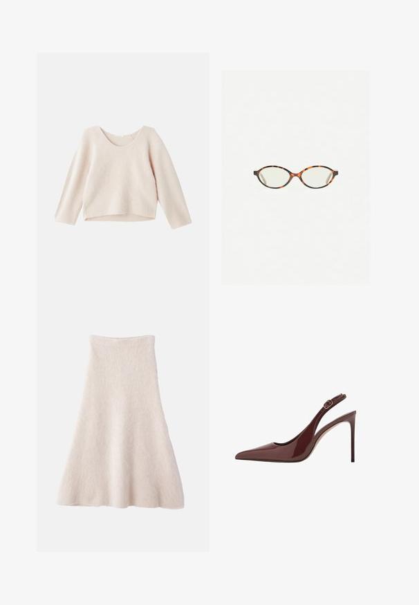 Ljusrosa tröja gjord av mjukt, fluffigt material. Has en bred rundad halslinning och långa ärmar, med en kortad nederdel.; En ljusbeige A-linjeformad kjol i mjukt, texturerat tyg, med en slät midjeband och en flödande silhuett.; Mörkbrun patentläder slingback med spetsig tå och hög klack, utrustad med justerbar spänne och smal stilettklack.; Sköldpaddsmönstrade glasögon med ovala linser och en elegant, slät yta. Har tunna sidor med en subtil kurva vid tinningarna. Klara linser.