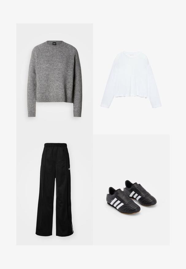 Harmaa neulepusero, jossa on pyöreä kaula-aukko, pitkät hihat sekä ribbaus hihansuissa ja helmassa. Pehmeä rakenne; minimalistinen muotoilu ilman kuvioita tai koristeita.; Pitkähihaisessa valkoisessa lyhyessä t-paidassa on pehmeä kangas, pyöreä kaula-aukko ja rento istuvuus tikkauksetulla hihalla. Yksinkertainen ja siisti muotoilu.; Musta leveälahkeinen treenihousut, jossa on elastinen vyötärö, valkoiset sivutossut ja pieni logo vasemmassa lonkassa. Silkkinen kangastunne.; Mustat jalkapallokengät, joissa on tekstuurilla varustettu nahkapäällinen, pehmustettu etuosa, kolme valkoista raitaa sivuilla ja kuminen ulkopohja.