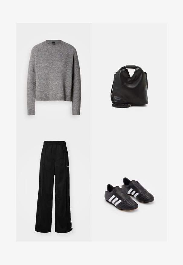 Grå stickad tröja med rund hals, långa ärmar och ribbade mudd och fåll. Mjuk textur; minimalistisk design utan mönster eller accenter.; Långärmad vit croppad t-shirt, tillverkad av mjukt material, har rund hals och en avslappnad passform med manschetterade ärmar. Enkel och ren design.; Svarta byxor med vida ben i tracksuit-stil med elastisk midja, prydda med vita sidostråk och en liten logotyp på vänster höft. Slät tygtextur.; Svarta fotbollsskor med en texturerad läderöverdela, som har en vadderad framdel, tre vita ränder på sidorna och en yttermaterial av gummirubber.; Svart, mjukt läderhandtag med en unik vriden design. Har ett kort handtag och ett avtagbart axelband. Minimalistisk stil.