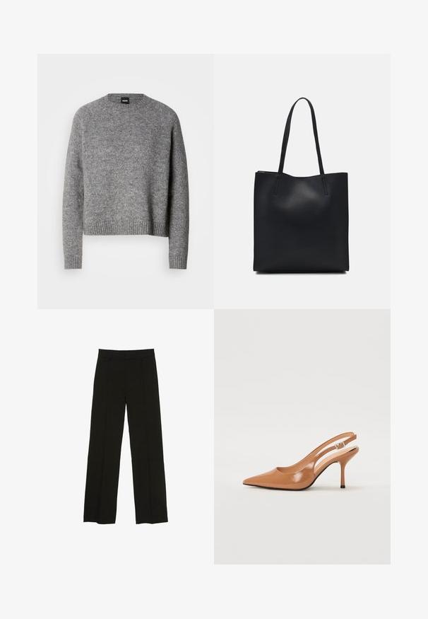 Pulover gri tricotat cu gât rotund, mâneci lungi și manșete și tiv dintr-un material ribagat. Textură moale; design minimalist fără motive sau accente.; Pantaloni largi negri, confecționați dintr-un material fin, cu un talie ajustată și pliuri frontale subtile pentru un plus de textură.; Pantofii cu toc slingback, cu vârful ascuțit, dintr-un material tan neted și strălucitor. Prezintă un design cu decupaj curbat și un toc subțire stil stiletto. Detaliu cu cataramă argintie.; Geantă tote neagră din piele, cu textură netedă, formă rectangulară și două mânere lungi. Fără hardware vizibil sau ornamente.