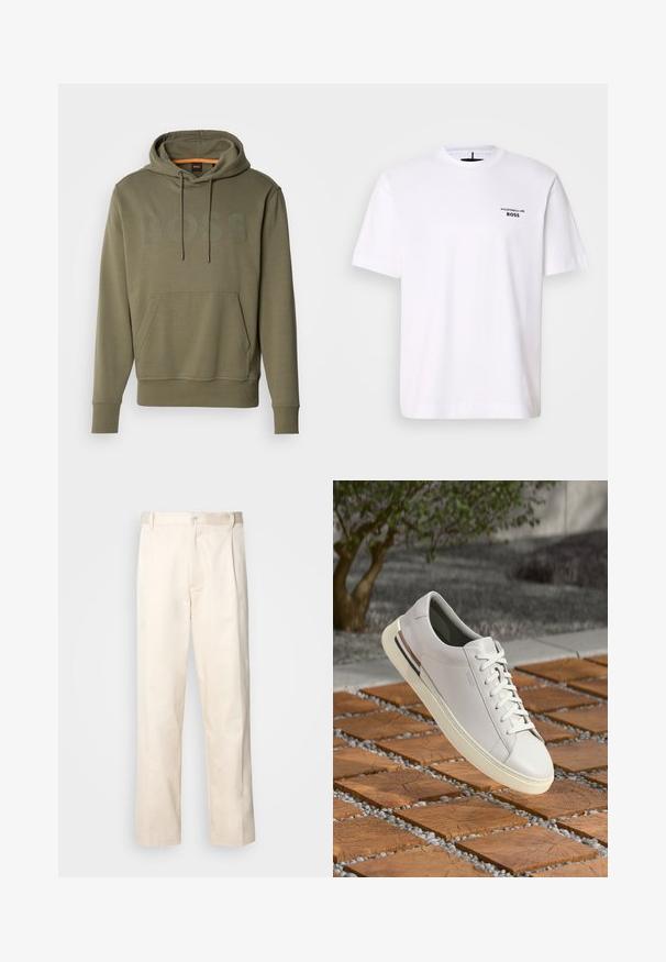 Sudadera color verde oliva con un gran logo "BOSS" en un tono ligeramente más oscuro. Presenta un bolsillo frontal tipo canguro y una capucha ajustable con cordón.; Camiseta de algodón blanca con cuello redondo y mangas cortas, con un logo negro "Porsche BOSS" en la parte izquierda del pecho.; Pantalones de algodón beige con corte recto, que cuentan con un cierre de botón y pliegues en la parte frontal para un detalle adicional.; Zapatilla de cuero blanco con punta redonda, cordones en la parte delantera, suela de goma crema y detalle en tono marrón. La superficie texturizada muestra un diseño minimalista.