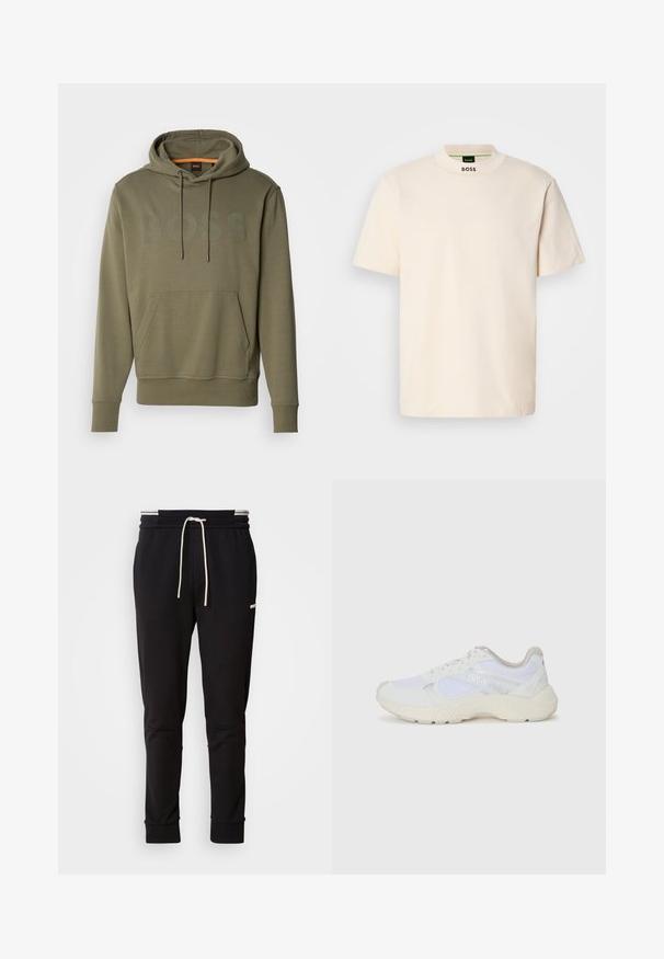 Olivengrønn hettegenser med en stor "BOSS"-logo i litt mørkere nyanse. Har en frontlomme i kenguru-stil og justerbar hette med snøring.; Kremfarget kortermet T-skjorte med høy krage, med "BOSS" trykket i svart på den fremre kragen og på innermetikk.; Sorte slim-fit joggebukser med hvit snor, ribbede mansjetter og subtil logo på den øvre låret mot en ensfarget bakgrunn.; Hvit idrettssko laget av mesh og skinn, med en teksturert mellomsåle, teksturerte detaljer og "HUGO"-logo på siden.