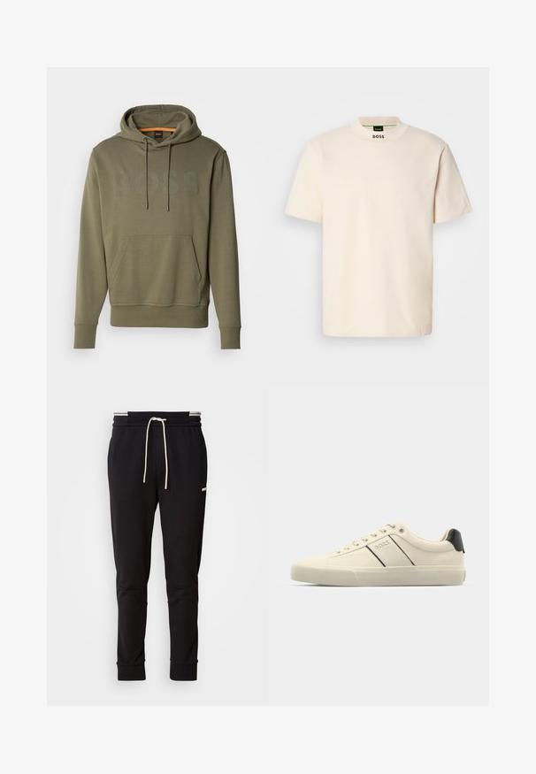 Alyvuogių žalios spalvos džemperis su dideliu „BOSS“ logotipu kiek tamsesnėje spalvoje. Turi priekinius kengūros tipo kišenes ir reguliuojamą gobtuvą su raišteliu.; Kreminės spalvos trumpas rankovės marškinėliai su aukštu apykakle, ant kurių priekyje kaklo ir vidinėje etiketėje juodu spalva yra užrašas "BOSS".; Juodi siauri džinsai su balta raišteliu, viršutinėje šlaunies dalyje su subtiliu logotipu, ant vienalytės fono.; Kreminių spalvų sportbačiai su lygiu paviršiumi, turintys juodus akcentus ir ženklinimą. Klasikinis raištelių užsegimas su apvaliu pirštu ir guminiu padu.